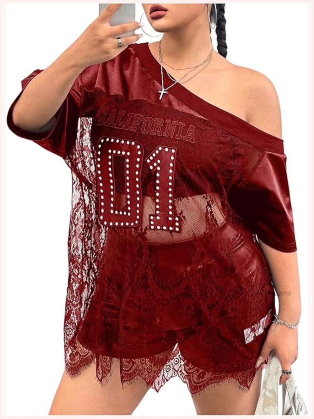 Plus Size Lace Jersey Off Shoulder Shirt Sheer Oversized Tee